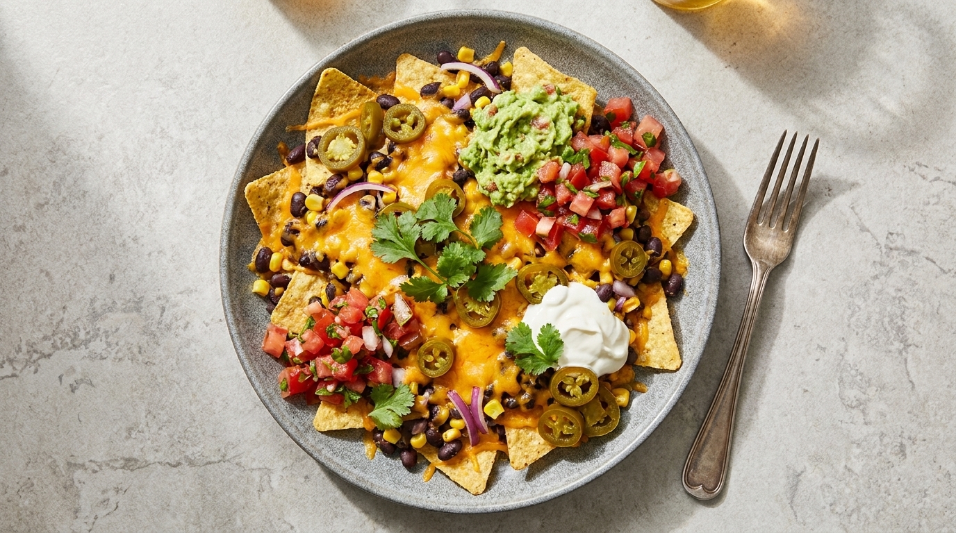Teller mit Nachos: Tortilla-Chips belegt mit geschmolzenem Käse, schwarzen Bohnen, Mais, Tomatensalsa, Guacamole, Sauerrahm, Jalapeños, roten Zwiebeln und Koriander.