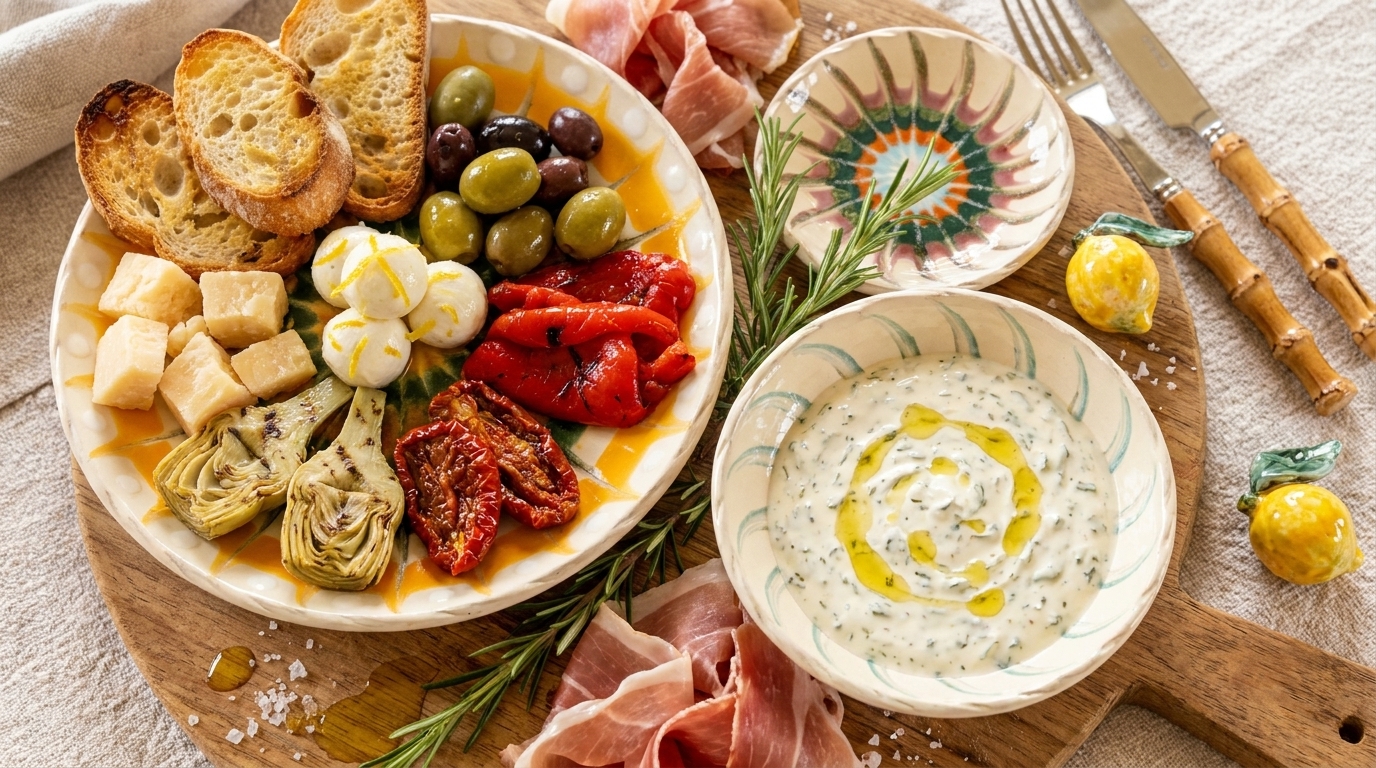 Vorspeisenbrett mit Crostini, gemischten Oliven, Mozzarellabällchen, marinierten Artischocken, geröstetem Paprika, getrockneten Tomaten, Käsewürfeln, Parmaschinken und einer Schüssel Kräuterjoghurt mit Olivenöl.