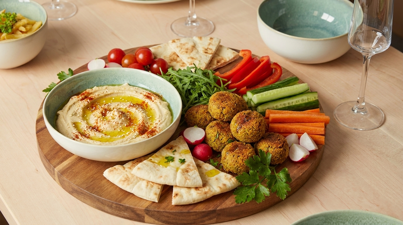 Holzbrett mit mediterranem Mezze: Schüssel cremiger Hummus mit Olivenöl, Falafel, Pita‑Stücke, Karotten-, Gurken- und Paprikasticks, Kirschtomaten, Radieschen und frische Kräuter.