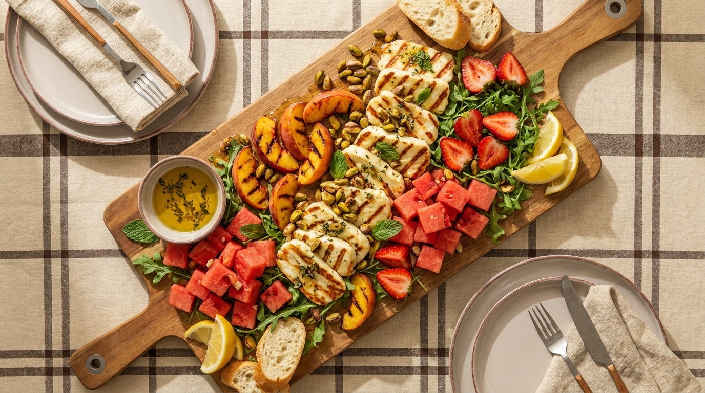 Holzbrett mit gegrilltem Halloumi, gebratenen Pfirsichscheiben, Erdbeeren, Wassermelonenspalten, Rucola, Pistazien, Zitronenspalten, Baguettescheiben und Kräuter-Öl zum Dippen.