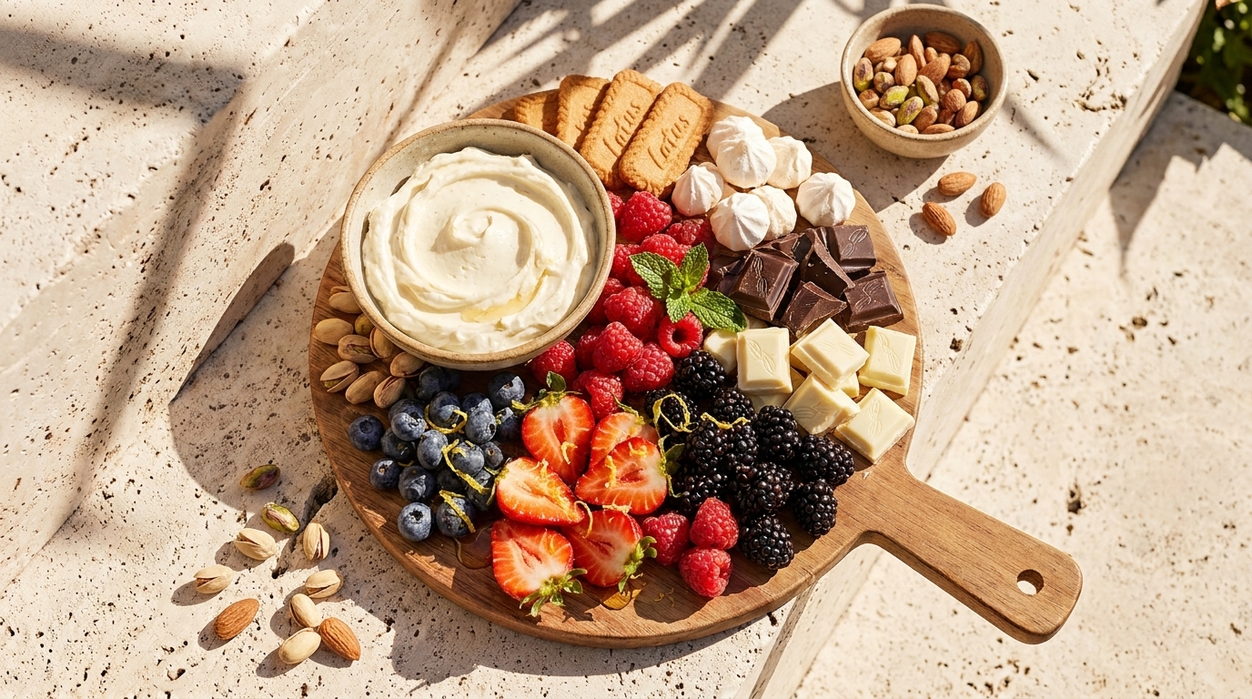 Rundes Holzbrett mit Dessertauswahl: Schälchen mit Creme, Pistazien, frischen Erdbeeren, Himbeeren, Brombeeren, Blaubeeren, dunkler und weißer Schokolade, Baiser, Keksen und verstreuten Mandeln.