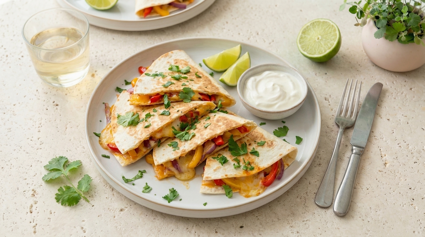 Vier gefaltete Quesadilla-Dreiecke mit geschmolzenem Käse und Paprika, garniert mit Koriander auf einem Teller, dazu Limettenspalten und eine Schale saure Sahne.