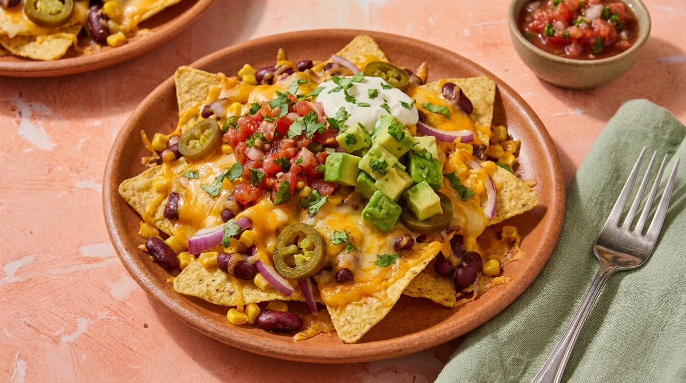 Teller mit Nachos: Tortilla‑Chips mit geschmolzenem Käse, schwarzen Bohnen, Mais, roten Zwiebeln, Jalapeños, Guacamole, Sauerrahm und Tomatensalsa, garniert mit Koriander.