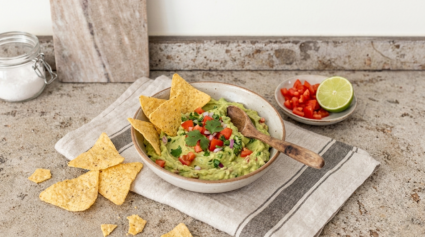 Schüssel mit Guacamole, garniert mit gewürfelten Tomaten und Frühlingszwiebeln, darin ein Holzlöffel; Tortilla‑Chips daneben, kleine Schale mit weiteren Tomatenwürfeln und einer halben Limette.