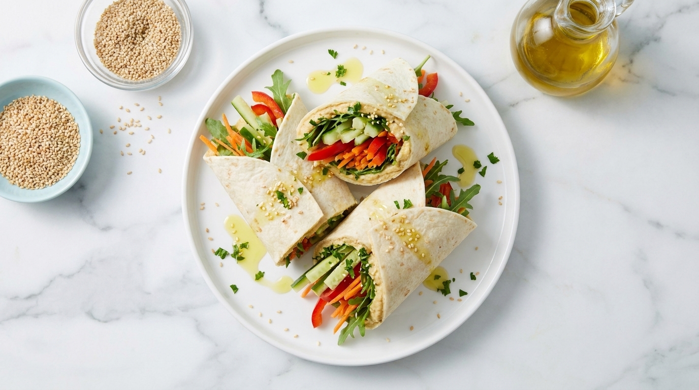 Drei halbierte Tortilla-Wraps auf einem weißen Teller, gefüllt mit frischen Streifen von Karotte, Gurke, roter Paprika und grünen Blättern, mit Sesam bestreut und leichtem Öl.