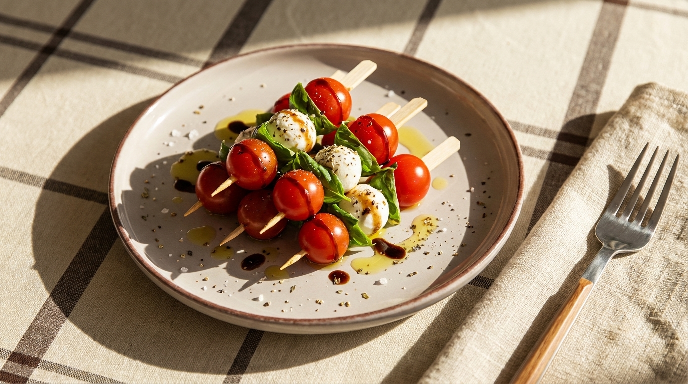 Drei Caprese-Spieße mit Kirschtomaten, kleinen Mozzarellakugeln und Basilikumblättern auf einem Teller, beträufelt mit Olivenöl und Balsamico.