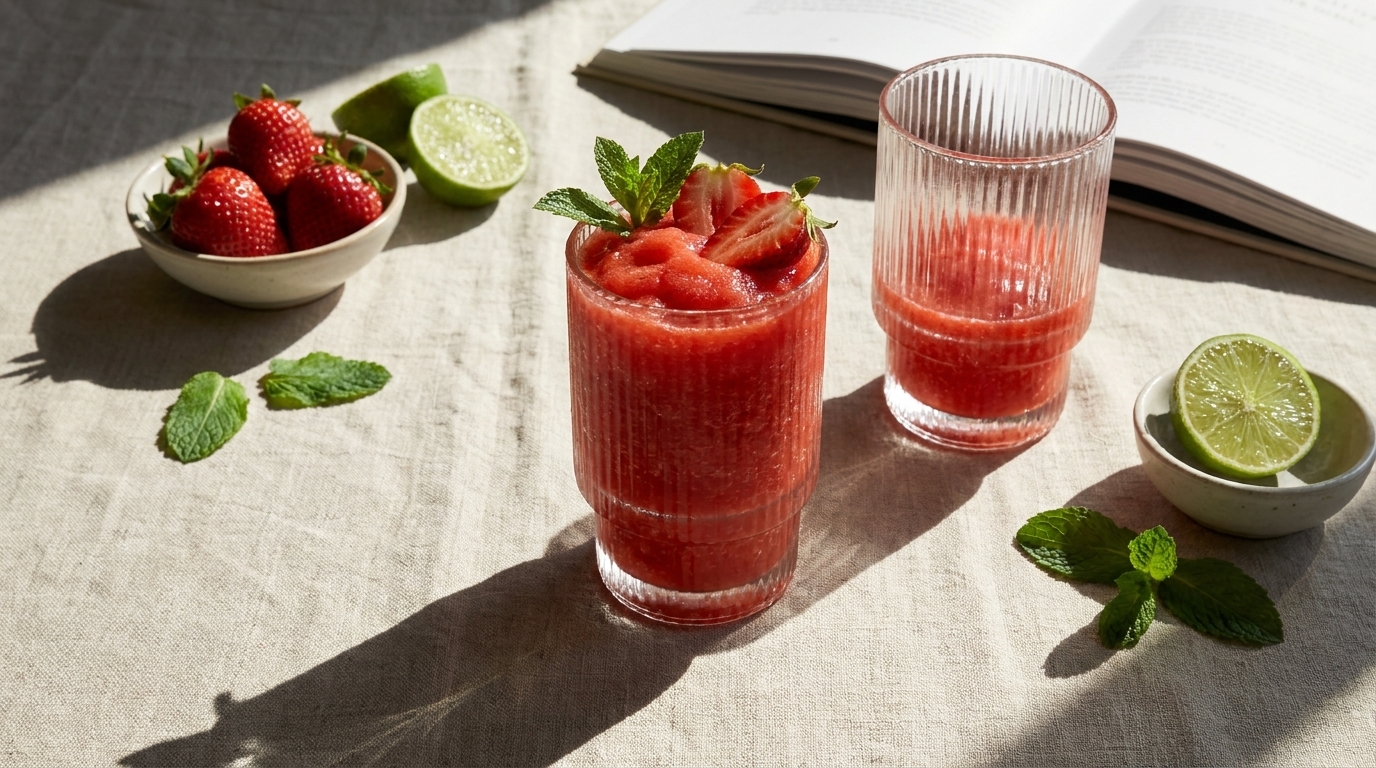 Zwei hohe Gläser mit rotem Erdbeer-Smoothie, eines garniert mit Erdbeerscheiben und Minze; daneben Schale mit Erdbeeren, Limettenhälften und einige Minzblätter.