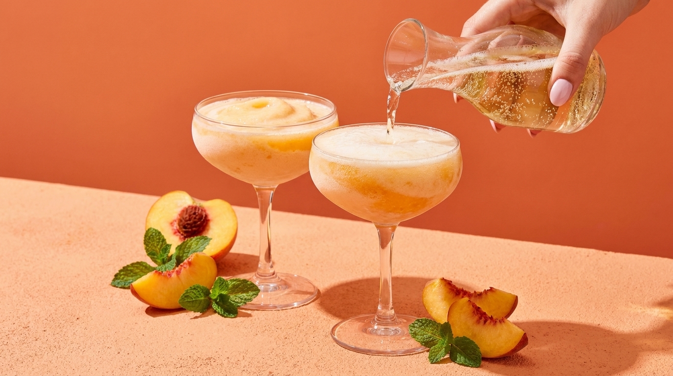 Zwei Cocktails in Coupégläsern mit pfirsichfarbenem Schaum; eine Hand gießt prickelnde Flüssigkeit aus einem kleinen Krug. Pfirsichhälften und Minzblätter daneben.