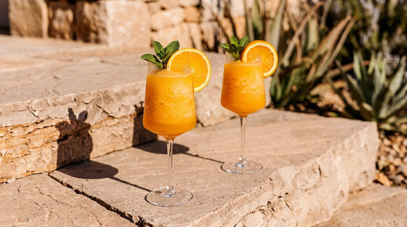 Zwei orangefarbene, schaumige Cocktails in Weingläsern auf Steinstufen, jeweils garniert mit einer Orangenscheibe und frischen Minzblättern.
