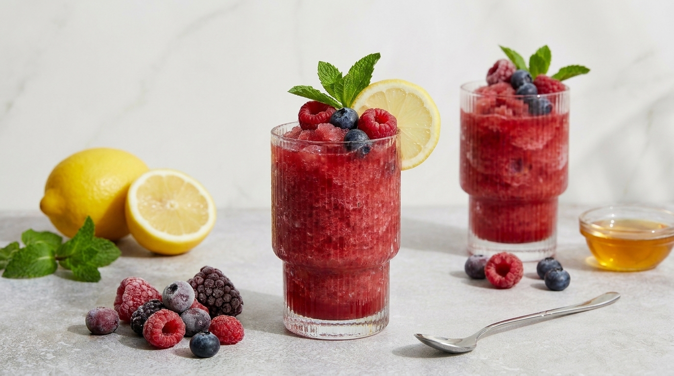 Zwei Gläser roter Beeren-Slushes, jeweils mit Himbeeren, Blaubeeren, Minzblatt und Zitronenscheibe garniert; davor lose Beeren, halbierte Zitrone und ein kleines Schälchen Honig.