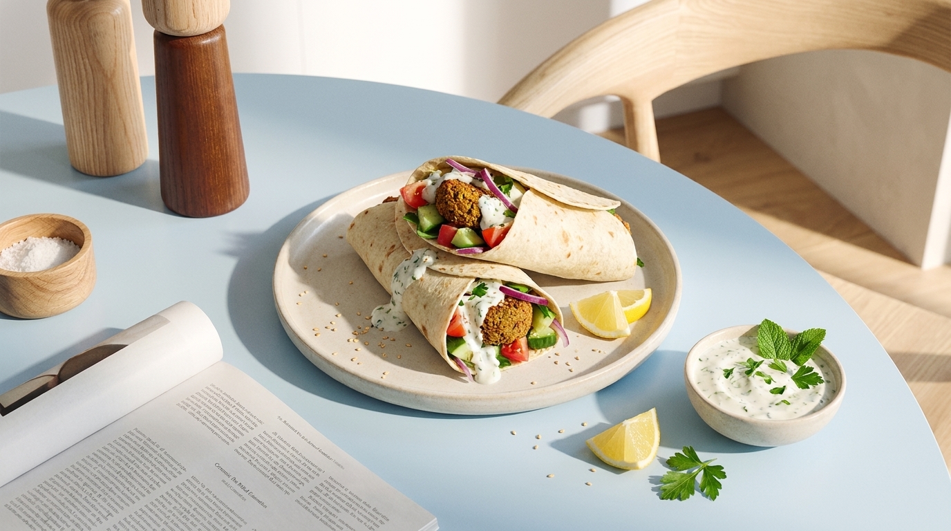 Zwei Falafel-Wraps auf einem Teller, gefüllt mit Salat, Tomaten und Joghurtdip; dazu Zitronenspalten und eine kleine Schale Kräuter-Joghurt mit Petersilie.