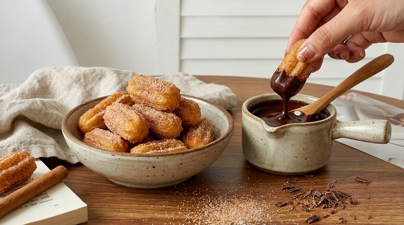 Schale mit zuckrigen Mini‑Churros auf Holztisch; eine Hand taucht einen Churro in ein kleines Kännchen mit dickflüssiger Schokoladensoße.
