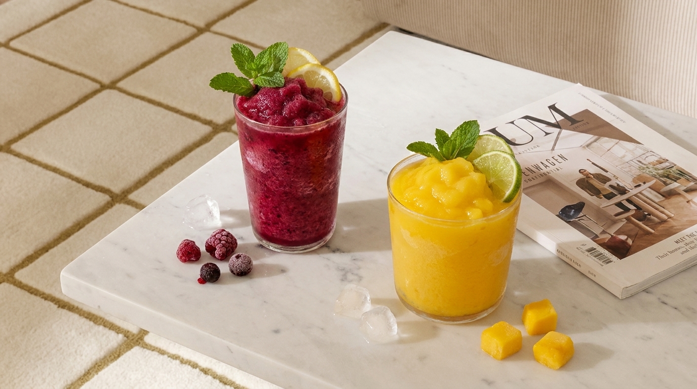 Zwei Gläser Fruchtslushies auf einer Marmorplatte: ein dunkelroter Himbeer-Slush mit Minze und Zitronenscheibe, daneben ein gelber Mangoslush mit Minze und Limettenscheibe; Himbeeren, gefrorene Beeren und Mangowürfel liegen daneben.
