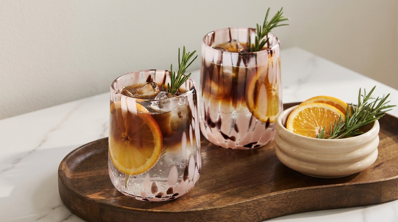 Zwei dekorative Gläser mit Eis, Orangenscheiben und Rosmarinzweigen auf einem Holzbrett; daneben eine kleine Schale mit zusätzlichen Orangenscheiben und Rosmarin.