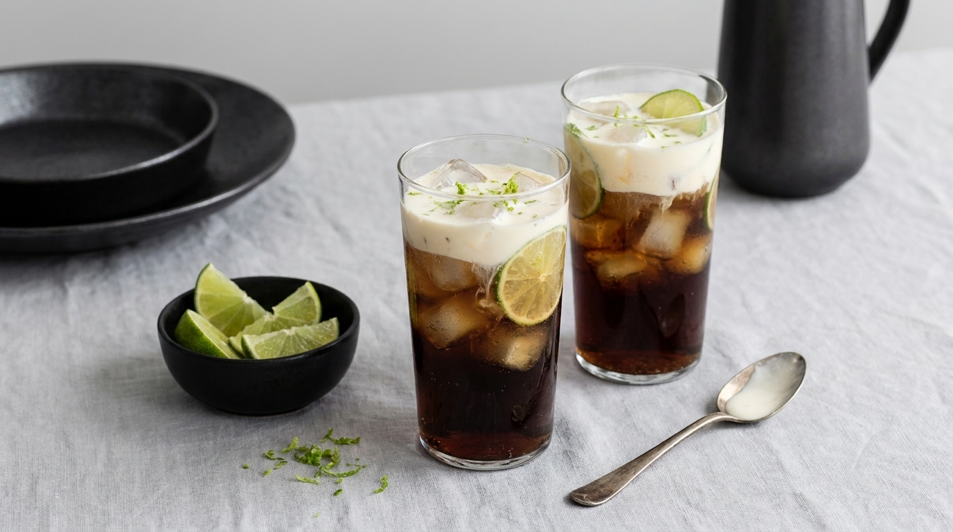 Zwei hohe Gläser mit eisgekühltem Cola-Getränk, Schaumhaube und Limettenscheiben; daneben eine kleine Schale mit Limettenkeilen.