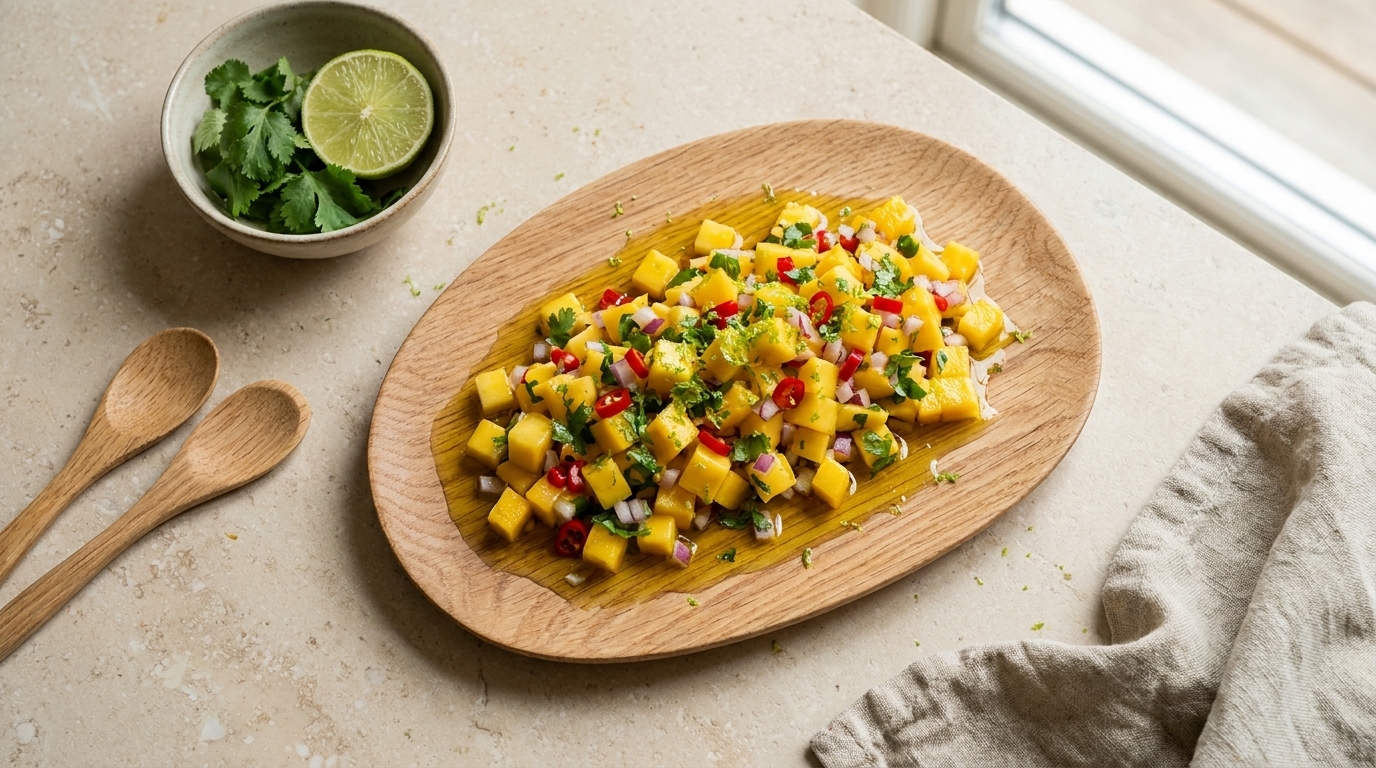 Holzplatte mit frischer Mango‑Salsa: gewürfelte Mango, rote Chili‑ und Zwiebelstücke sowie gehackter Koriander, dekorativ angerichtet.