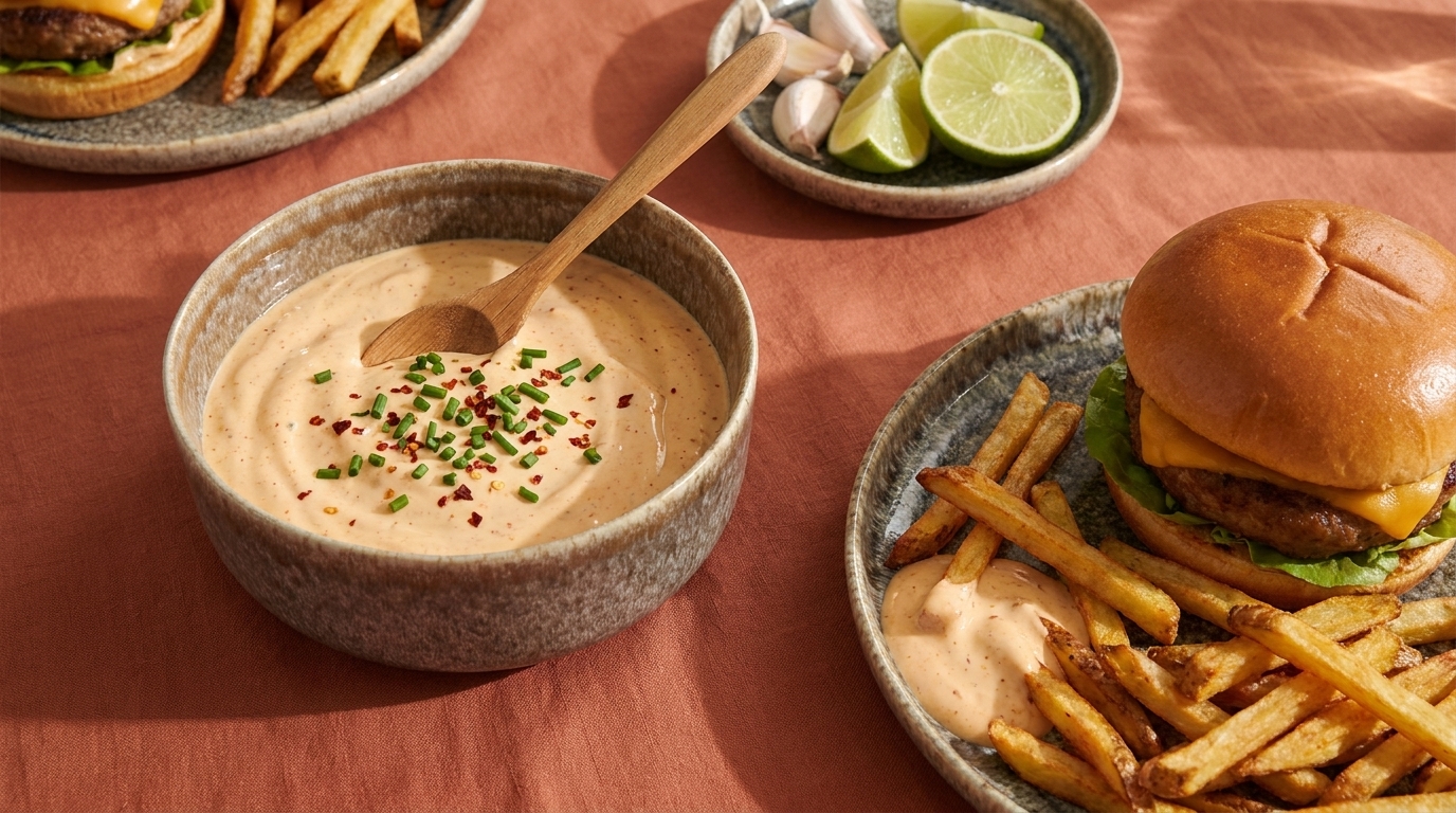 Schale mit cremigem Dip, bestreut mit Schnittlauch und Chiliflocken, Holzlöffel darin; daneben Teller mit Burger und Pommes, Pommes in Dip getunkt; kleine Schale mit Limettenhälften.