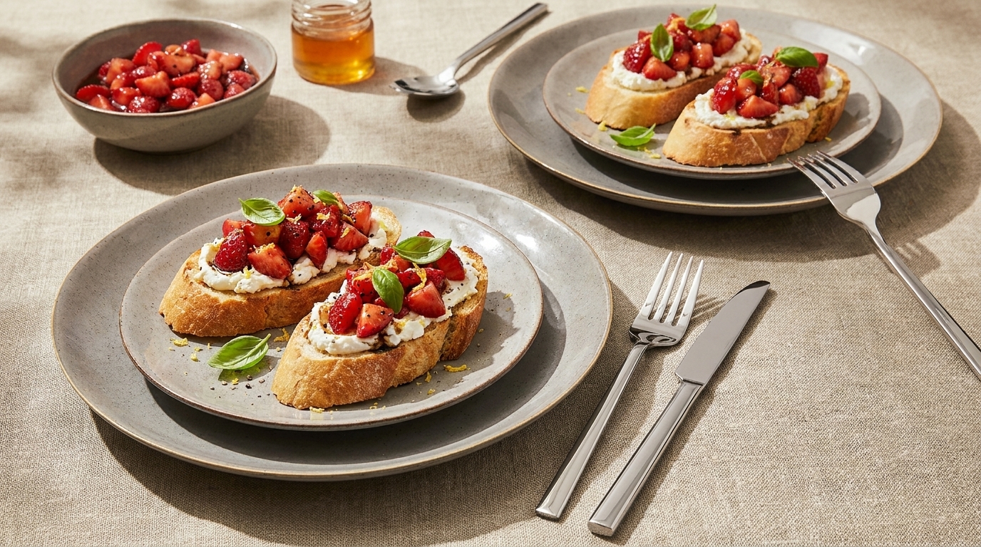 Zwei Scheiben geröstetes Brot belegt mit cremigem Ricotta, gewürfelten Erdbeeren und Basilikumblättern auf Tellern; daneben eine Schale mit Erdbeerstücken und ein Glas Honig.