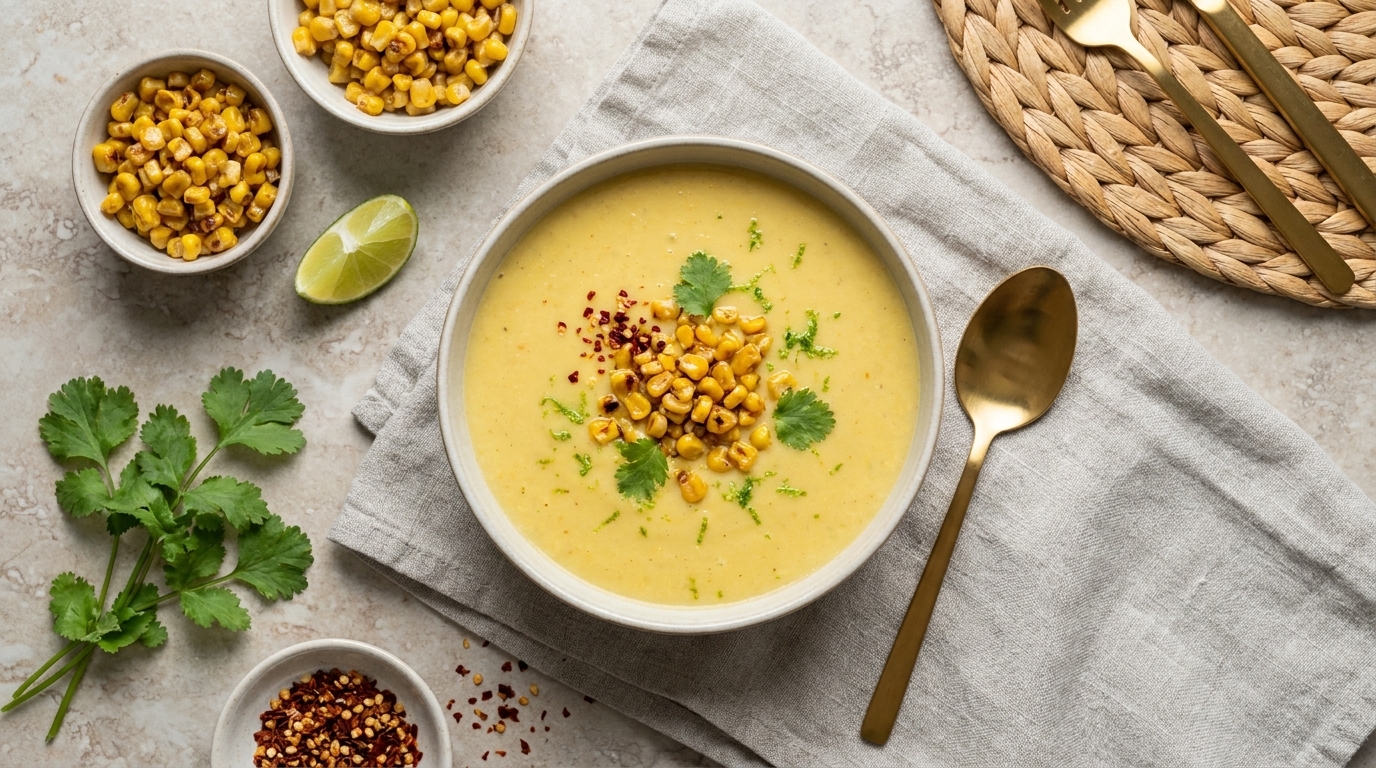 Schale mit cremiger Maissuppe, garniert mit geröstetem Mais, Korianderblättern und Chiliflocken; daneben Limettenspalte, kleine Schalen mit Mais und Gewürzen sowie ein goldfarbener Löffel.