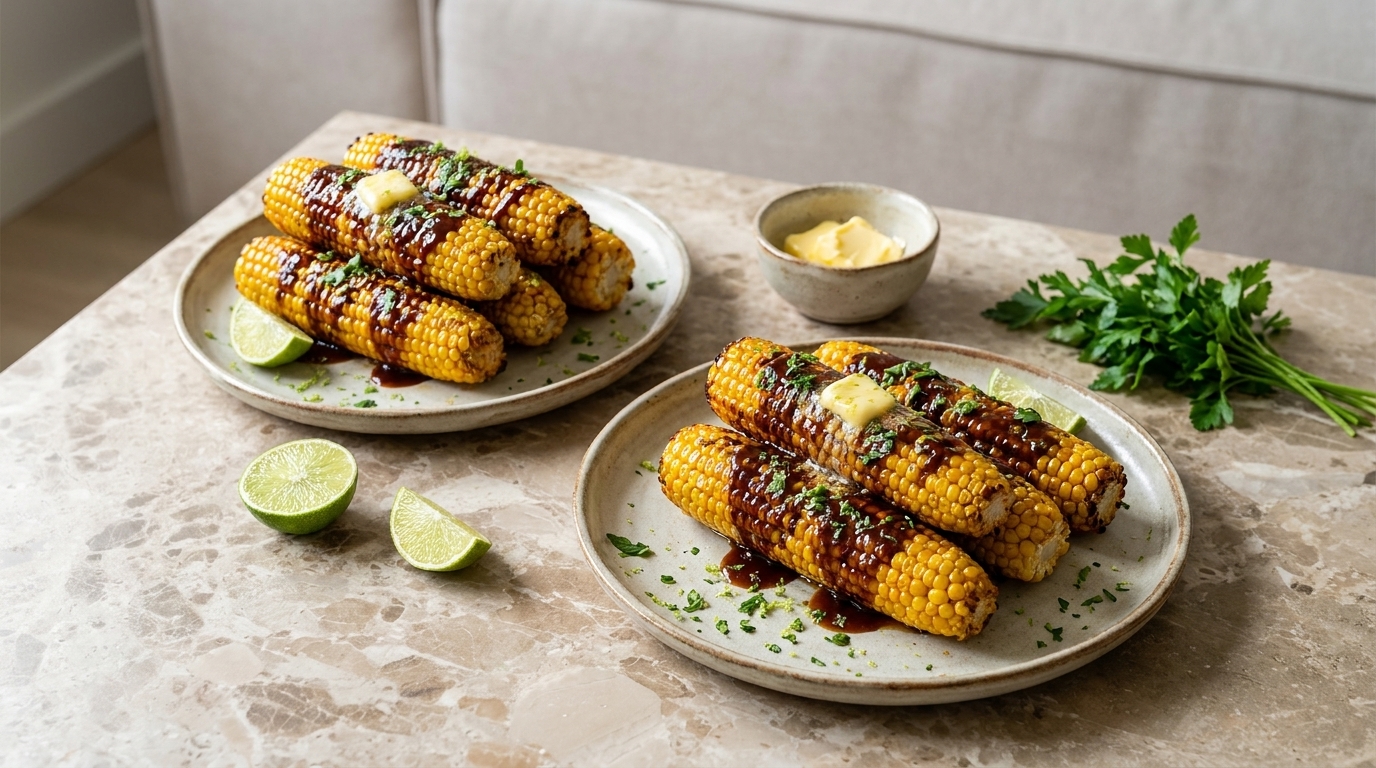 Zwei Teller mit gegrillten Maiskolben, bestrichen mit geschmolzener Butter und Sauce, bestreut mit Kräutern; Limettenspalten, Butter in Schale und Petersilie daneben.