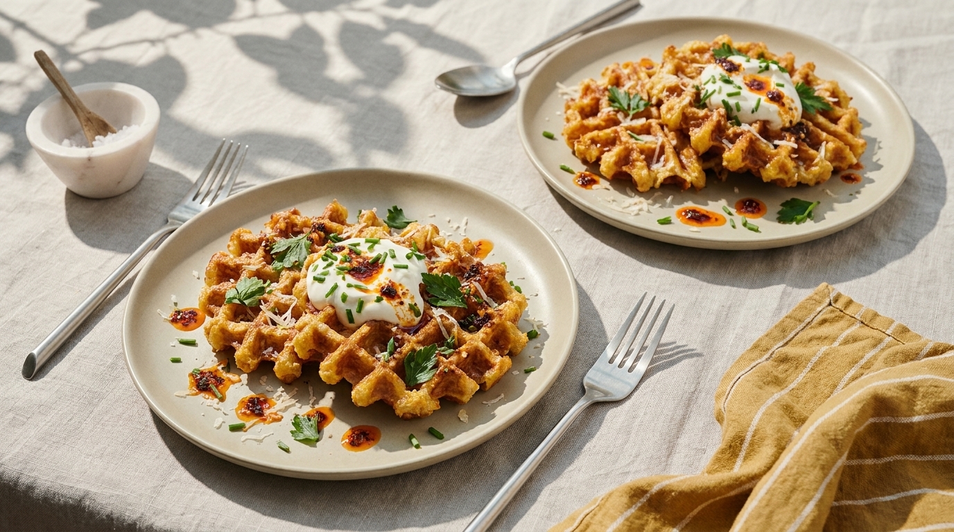 Zwei Teller mit herzhaften Waffeln, jeweils garniert mit einem Klecks Joghurt oder saurer Sahne, frischen Kräutern, knusprigen Zwiebeln und Chiliöl, auf hellem Tischtuch.