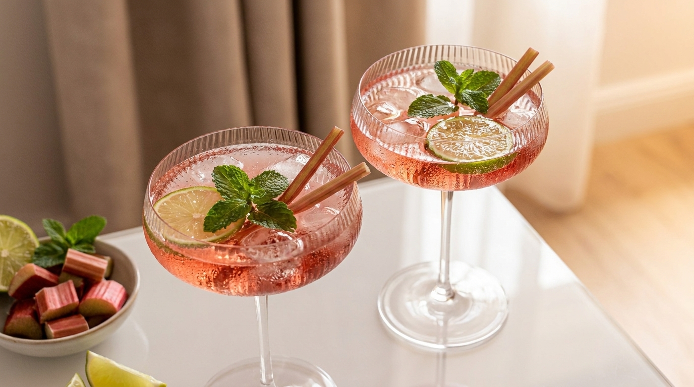 Zwei rosa Cocktails in Coupégläsern mit Eis, Limettenscheiben, Minzblättern und Zimtstangen, auf einem Tisch arrangiert.