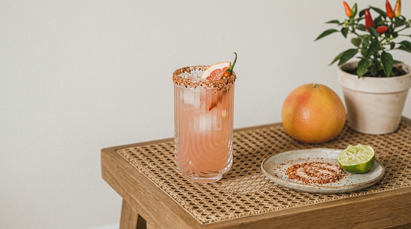 Glas mit rosa Grapefruitcocktail, Eis und gewürztem Salzrand, garniert mit Grapefruitscheibe und roter Chili; daneben Grapefruit, halbe Limette und Teller mit Gewürzsalz.