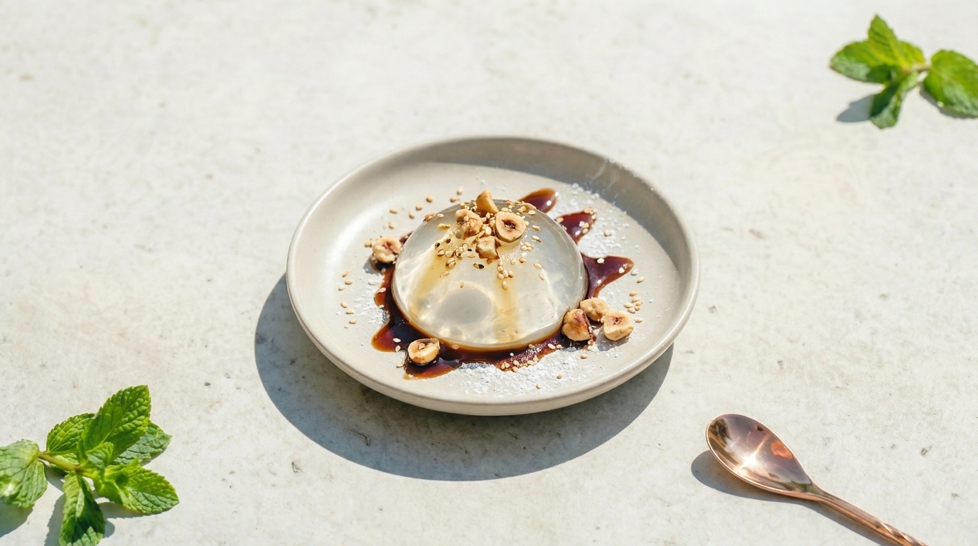 Dessert auf weißem Teller: durchsichtige Geleekugel mit karamellartiger Sauce, gehackten Haselnüssen und Kokosraspeln, daneben ein Löffel.