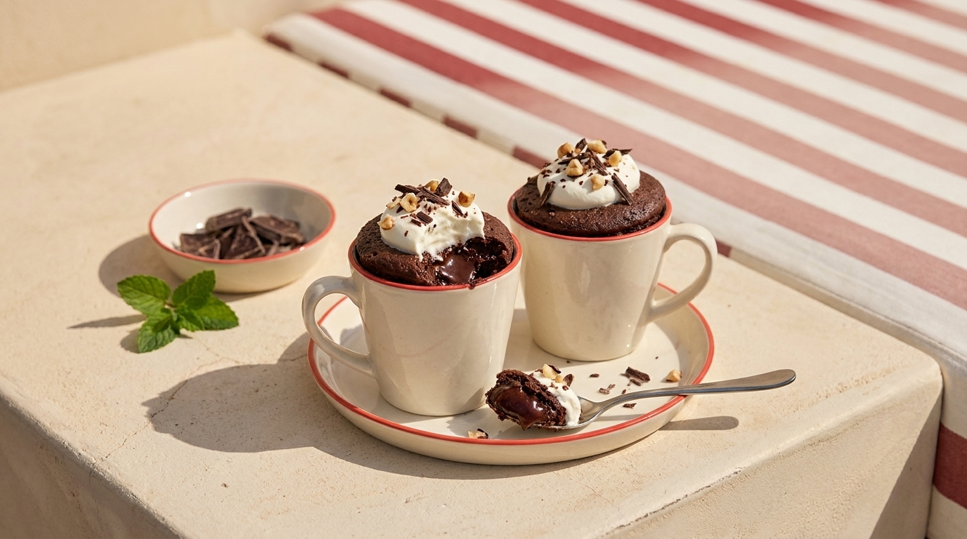 Zwei Tassen mit Schokoladen-Mug-Cakes, jeweils mit Sahne und Schokoraspeln garniert, auf einem Teller; ein Löffel mit einem Bissen daneben.