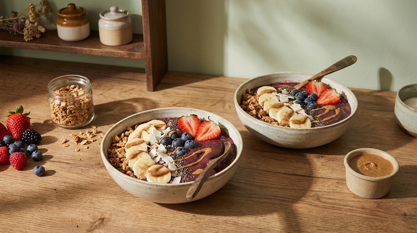 Zwei Smoothie-Bowls auf einer Holzfläche mit Löffeln, garniert mit Bananenscheiben, Erdbeeren, Blaubeeren, Granola und Kokosflocken.
