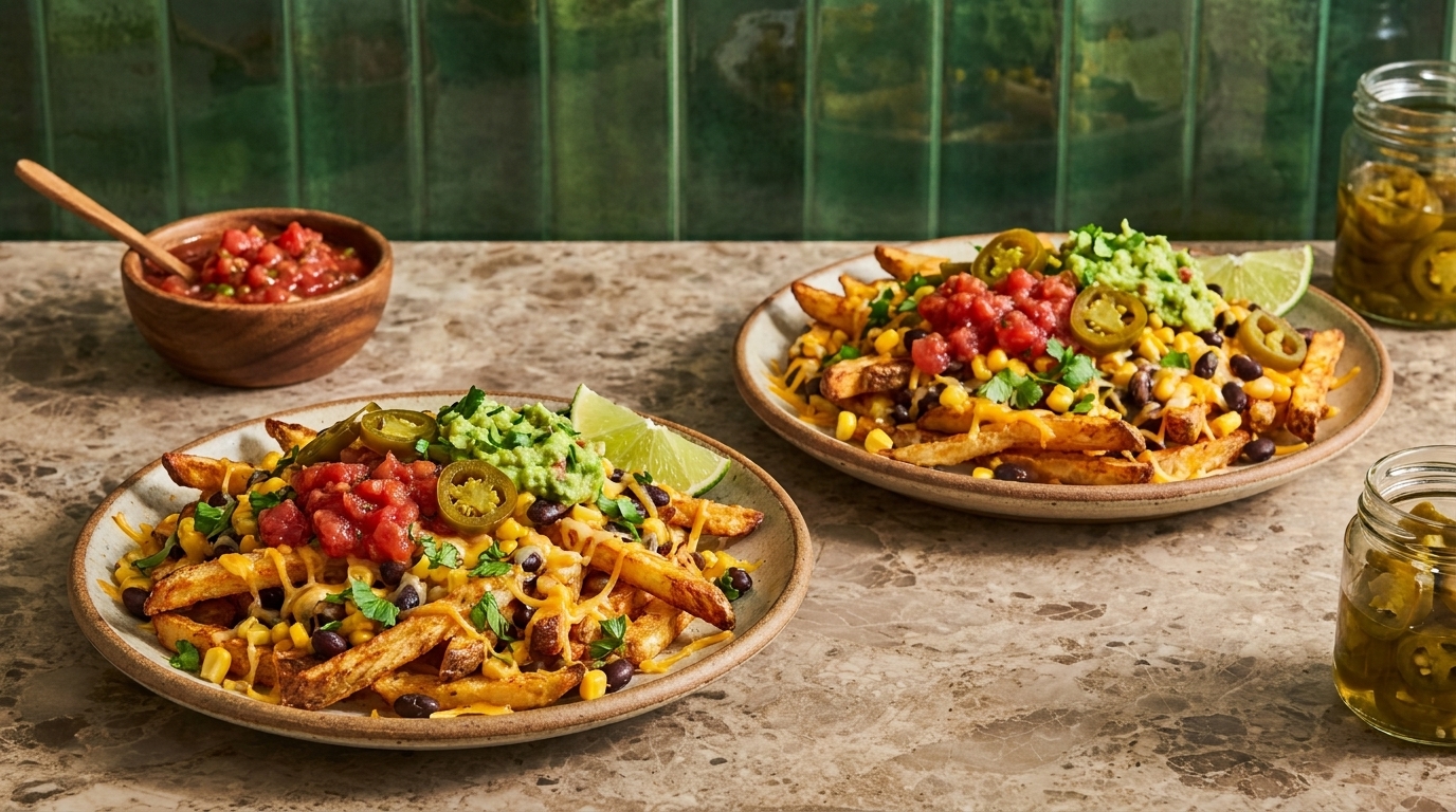Zwei Teller mit geladenen Pommes, garniert mit geschmolzenem Käse, schwarzen Bohnen, Mais, Salsa, Guacamole, Jalapeños und Limettenspalten; daneben ein Schälchen Salsa und Gläser eingelegter Jalapeños.
