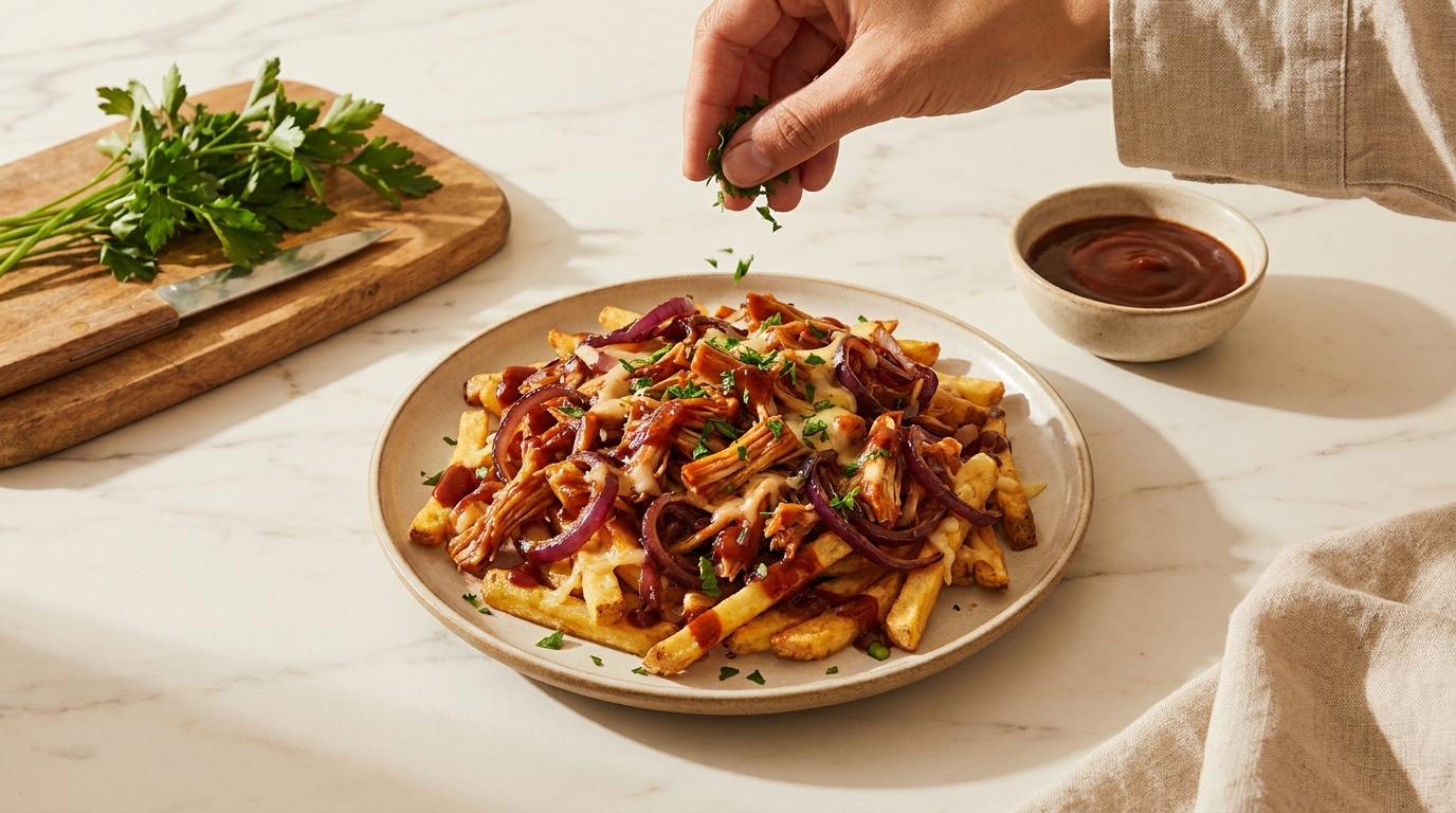 Teller mit Pommes frites, karamellisierten roten Zwiebeln und dunkler Sauce, darüber frisch gehackte Petersilie; eine Hand streut Kräuter.