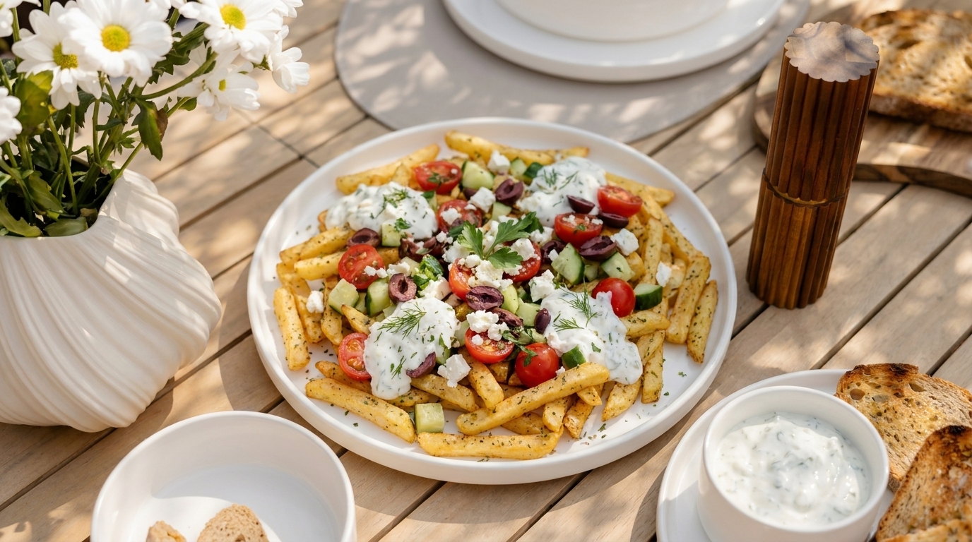 Teller mit gewürzten Pommes, garniert mit Joghurtsauce (Tzatziki), Kirschtomaten, schwarzen Oliven, Feta und frischen Kräutern.