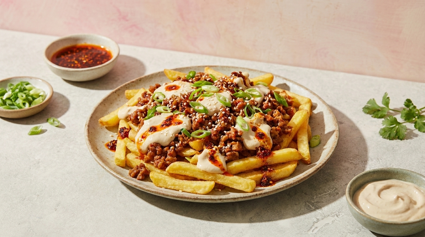 Teller mit Pommes frites, bedeckt von würzigem Hackfleisch, geschmolzenem Käse, Frühlingszwiebeln und Chili‑Öl; zwei Dips daneben.