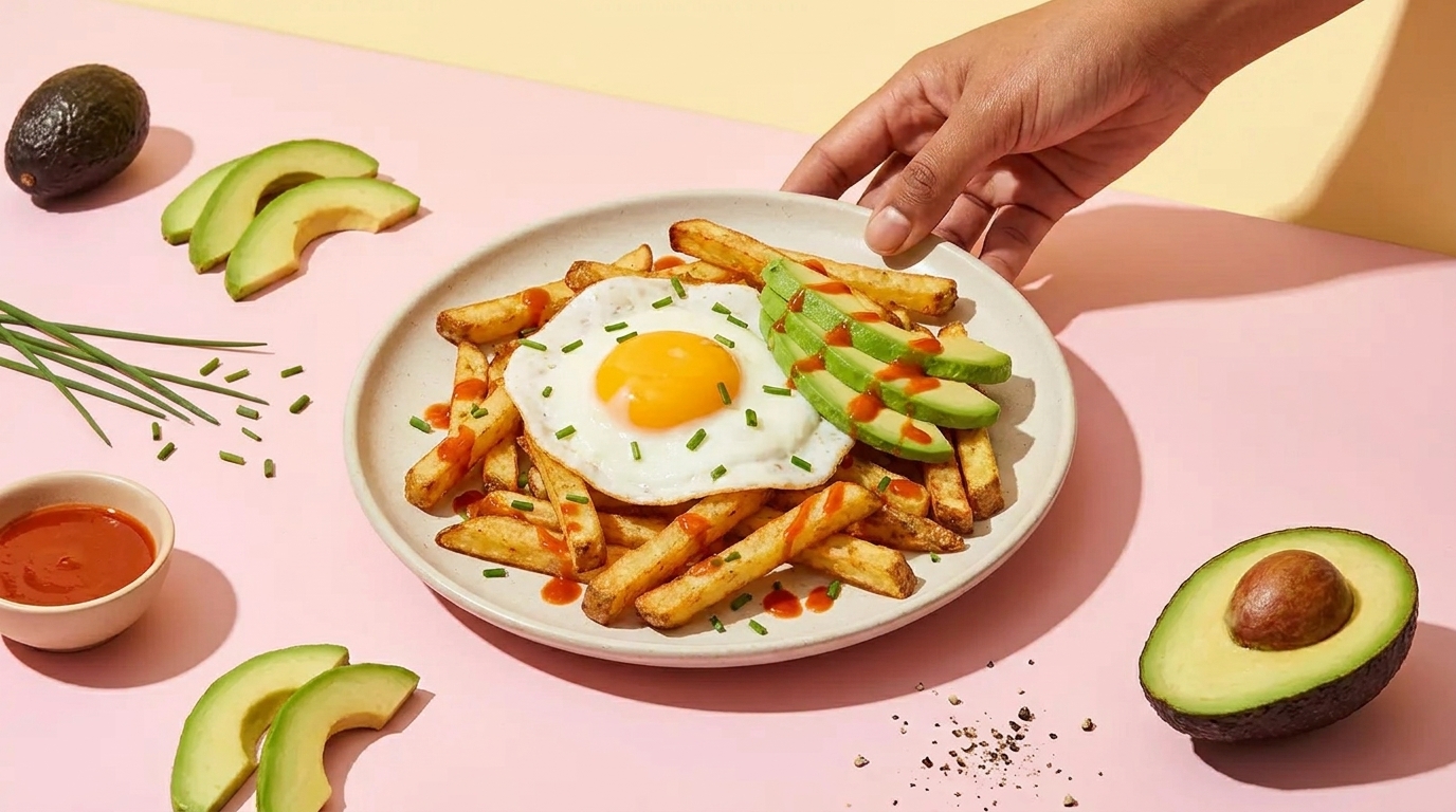 Teller mit knusprigen Pommes, darauf ein Spiegelei mit leuchtendem Eigelb und Scheiben frischer Avocado, garniert mit Schnittlauch und Chilisoße.