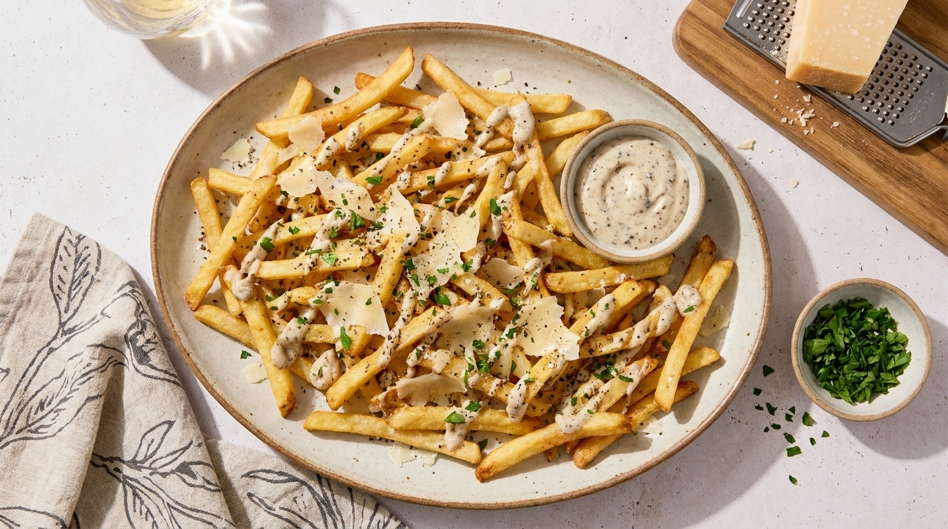 Teller Pommes frites mit dünn gehobeltem Parmesan, gehackter Petersilie und einer cremigen Dip-Sauce in kleiner Schale.