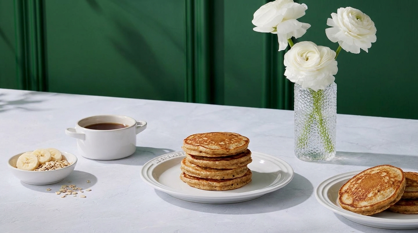 Frühstücksarrangement: Stapel Pfannkuchen auf einem Teller, daneben weitere Pfannkuchen, Tasse Kaffee, Schale mit Bananenscheiben und Haferflocken sowie eine Vase mit weißen Blumen auf hellem Tisch.