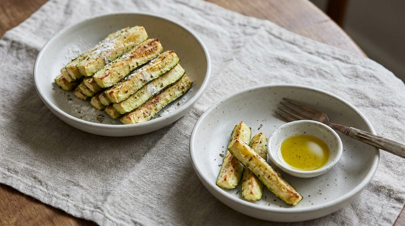 Gegrillte Zucchinistifte auf zwei Tellern, dazu kleine Schale mit Olivenöl zum Dippen, leicht mit Salz und Pfeffer gewürzt.