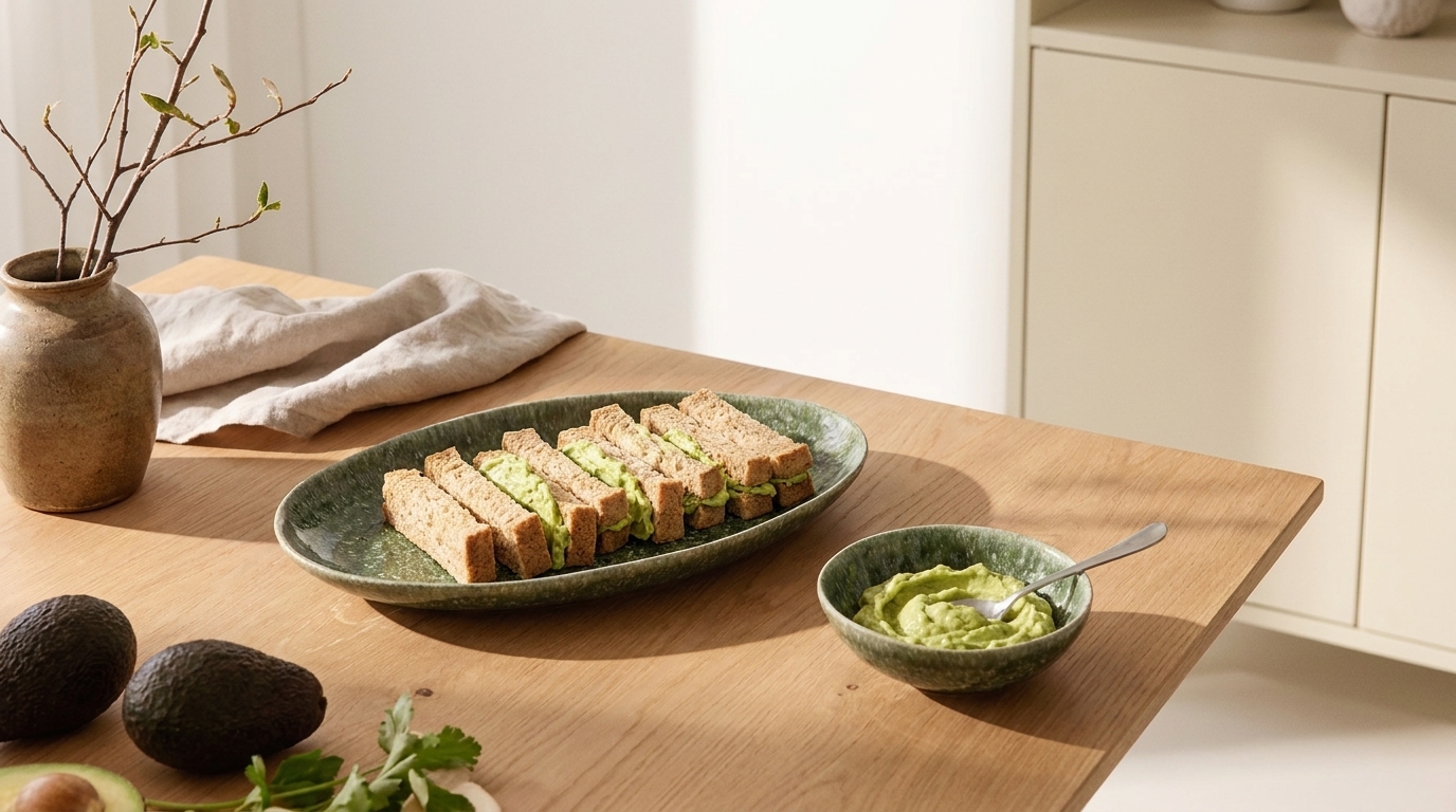 Auf einem Holztisch: mehrere dicke Avocado-Toastscheiben auf einer ovalen Platte, daneben eine Schale mit zerdrückter Avocado und Löffel; ganze Avocados im Vordergrund.