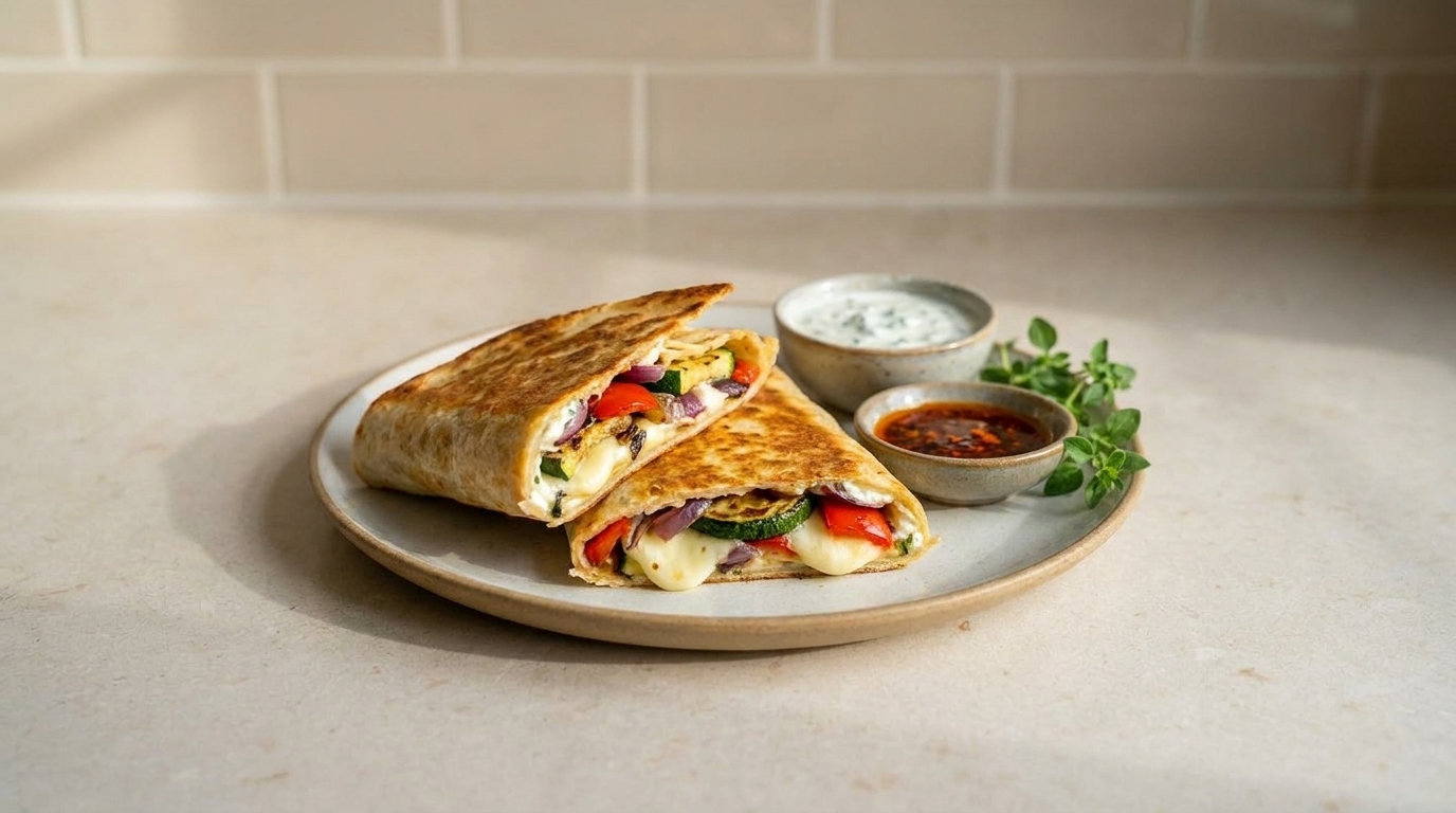 Gegrillte Wrap-Hälften auf einem Teller, gefüllt mit geschmolzenem Käse, Paprika und Blattspinat, dazu zwei Dipschälchen und frische Kräuter.