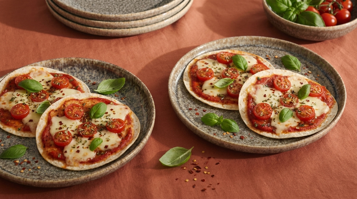 Mehrere kleine Margherita-Pizzen mit Tomatenscheiben, geschmolzenem Mozzarella und frischen Basilikumblättern angerichtet auf Keramiktellern.