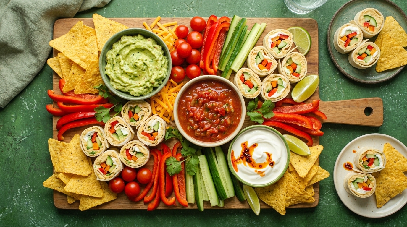 Auf einem Holzbrett angerichtete Partyplatte mit Tortilla‑Röllchen, Nacho‑Chips, Guacamole, Salsa und Sauerrahm, dazu geschnittene Gurken, Paprika, Cherrytomaten und Limettenspalten.