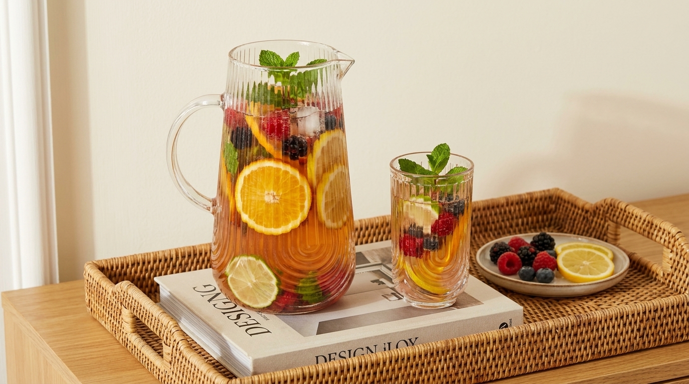 Glaskrug und Glas mit Wasser, gefüllt mit Orangen-, Zitronen- und Limettenscheiben, Beeren und Minzblättern, auf einem geflochtenen Tablett neben einem kleinen Teller mit Beeren und Zitronenscheiben.