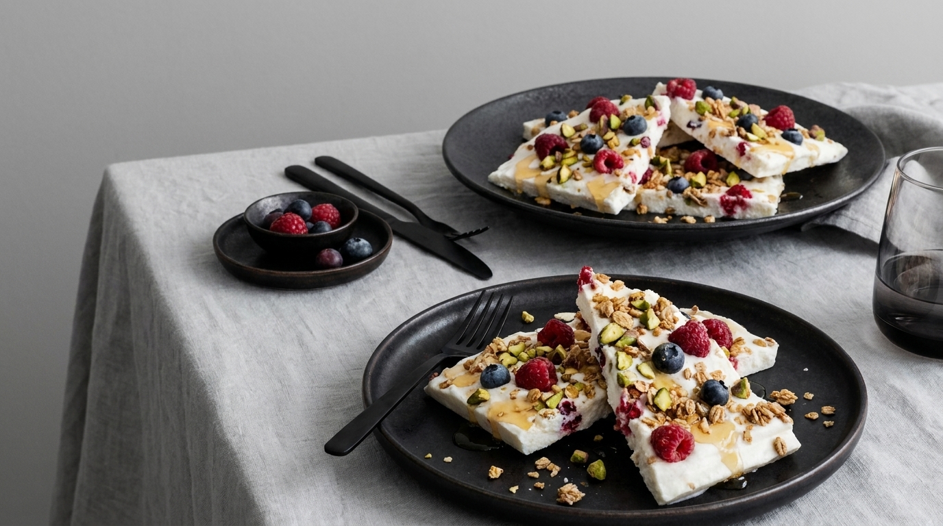 Zwei dunkle Teller mit Stücken gefrorenen Joghurts, garniert mit Himbeeren, Blaubeeren, gehackten Pistazien und Müsli auf einem hellgrauen Tisch.