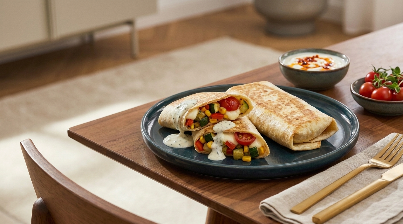 Zwei gefüllte Wraps auf dunklem Teller, einer aufgeschnitten und mit Mais, Paprika, Cherrytomaten und Salat sichtbar; weiße Sauce am Teller, Schälchen mit Dip und Tomaten daneben.