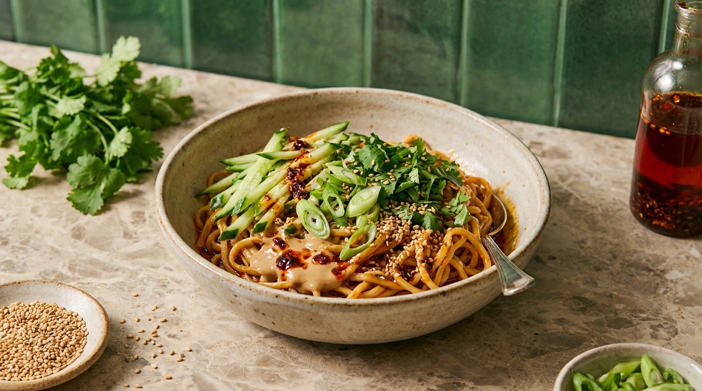 Schale mit würzigen asiatischen Nudeln in cremiger Sesamsauce, garniert mit Gurkenstreifen, Frühlingszwiebeln, Koriander, Sesam und Chiliöl.