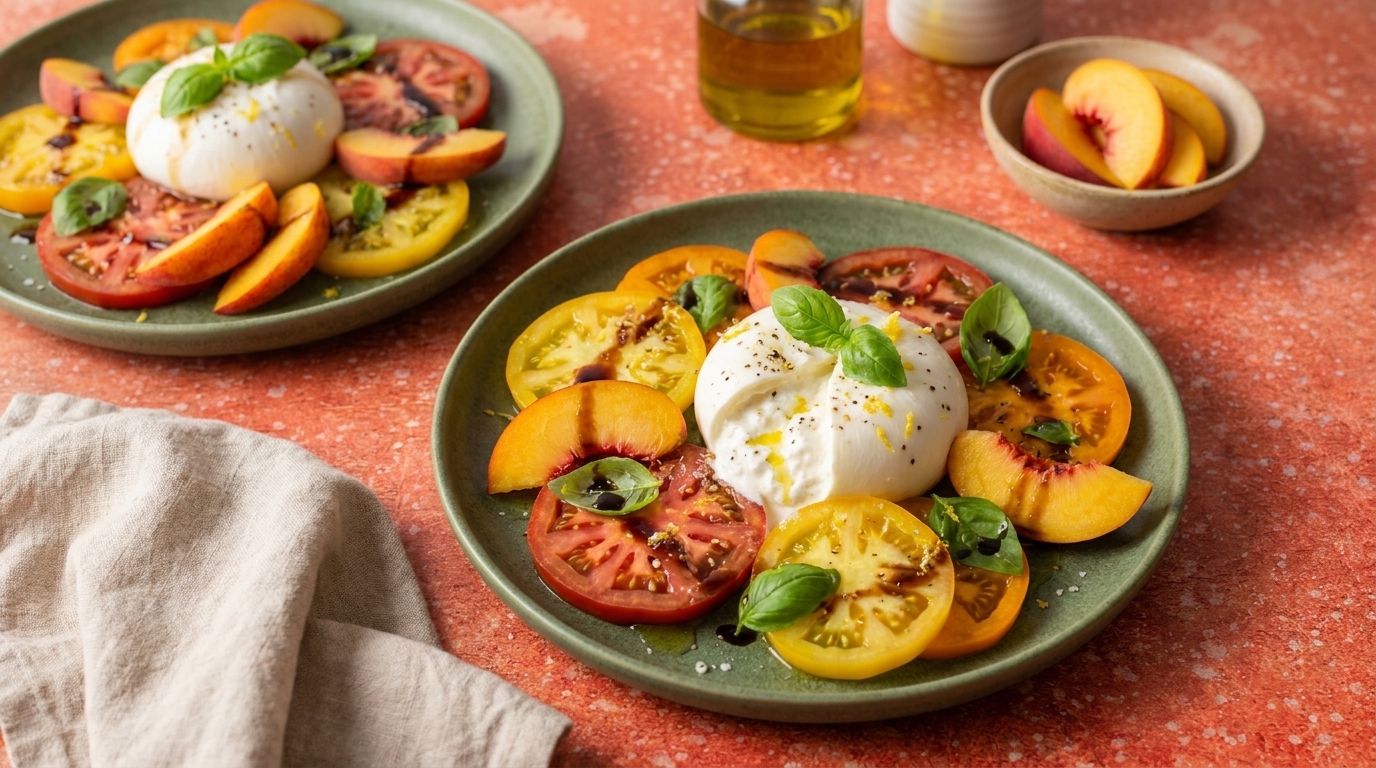 Burrata-Käse auf grüner Platte, umgeben von bunten Tomatenscheiben und Pfirsichspalten, garniert mit frischem Basilikum und Olivenöl.