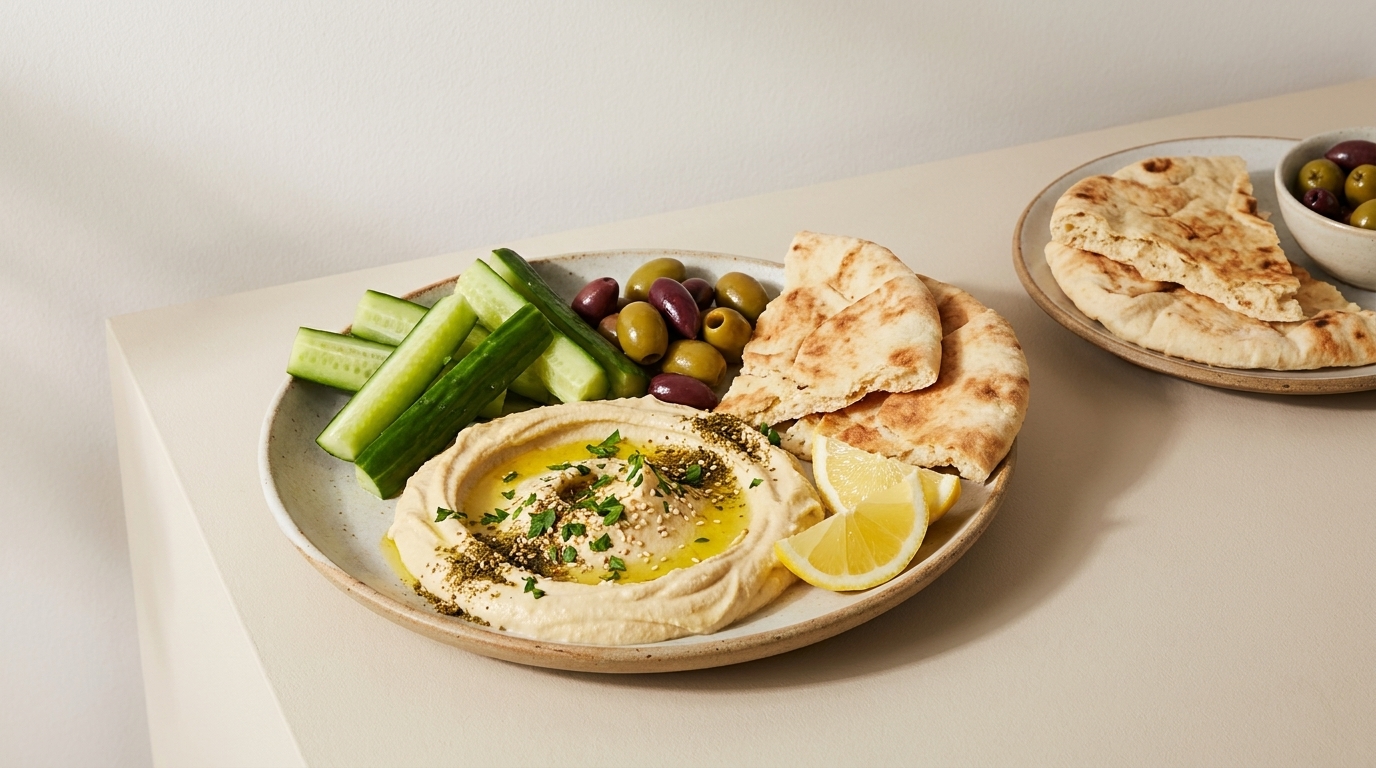 Teller mit Hummus, beträufelt mit Olivenöl und Kräutern, dazu Zitronenscheibe, Gurkenstifte, gemischte Oliven und Pita-Brot.