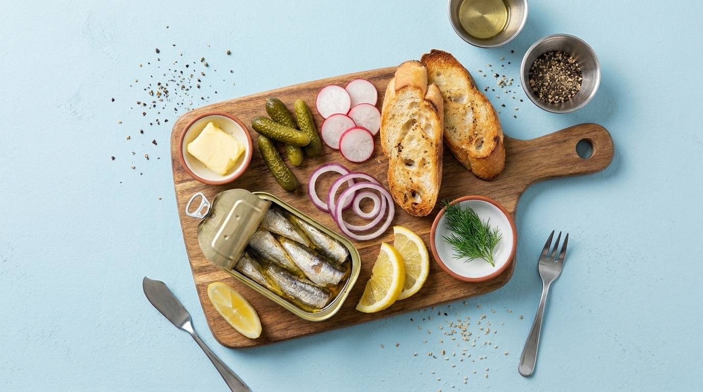 Servierbrett mit geöffneter Sardinendose in Öl, Zitronenspalten, gerösteten Brotscheiben, Butter, Cornichons, Radieschenscheiben, roten Zwiebelringen und frischem Dill, arrangiert als rustikaler Meeresfrüchte-Snack.