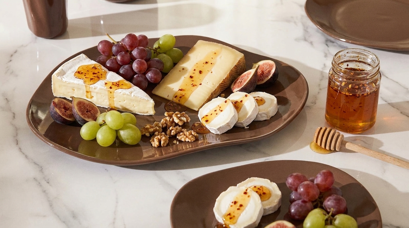 Platte mit verschiedenen Käsesorten (Weichkäse, Ziegenkäserollen, Schnittkäse), roten und grünen Trauben, halbierten Feigen, Walnüssen und einem Glas Honig mit Honiglöffel.